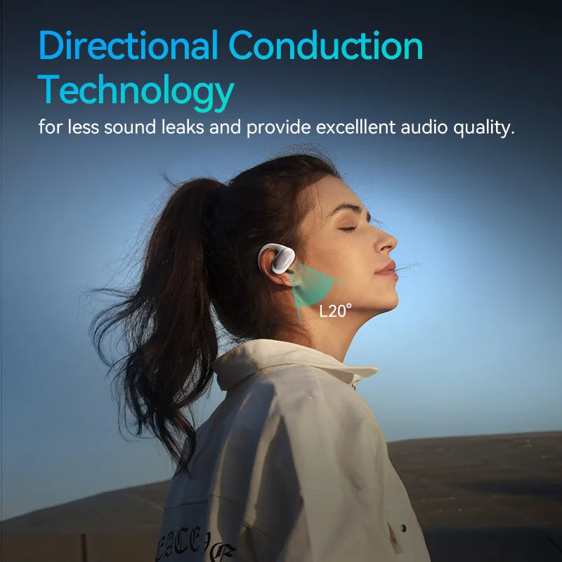 Wireless earbud worn by a woman with long dark hair in profile view.