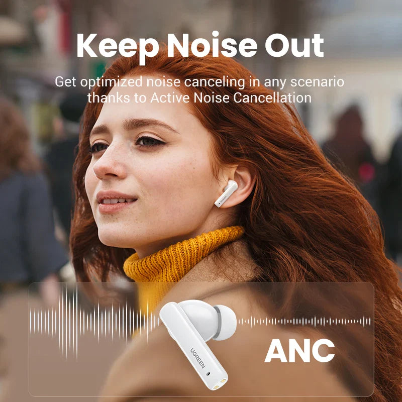 Wireless earbuds with Active Noise Cancellation (ANC) technology.