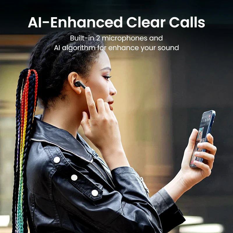 Wireless earbuds with AI-enhanced clear calls.
