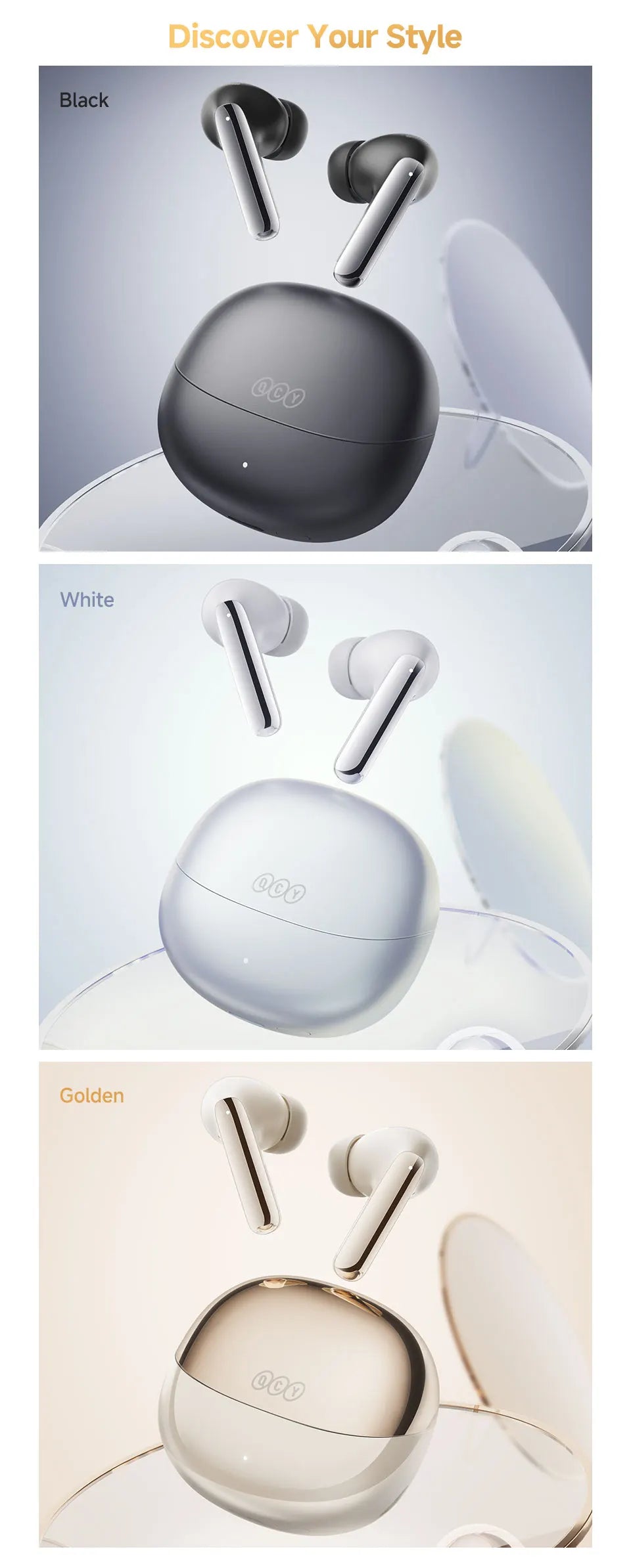 Wireless earbuds in black, white, and gold.