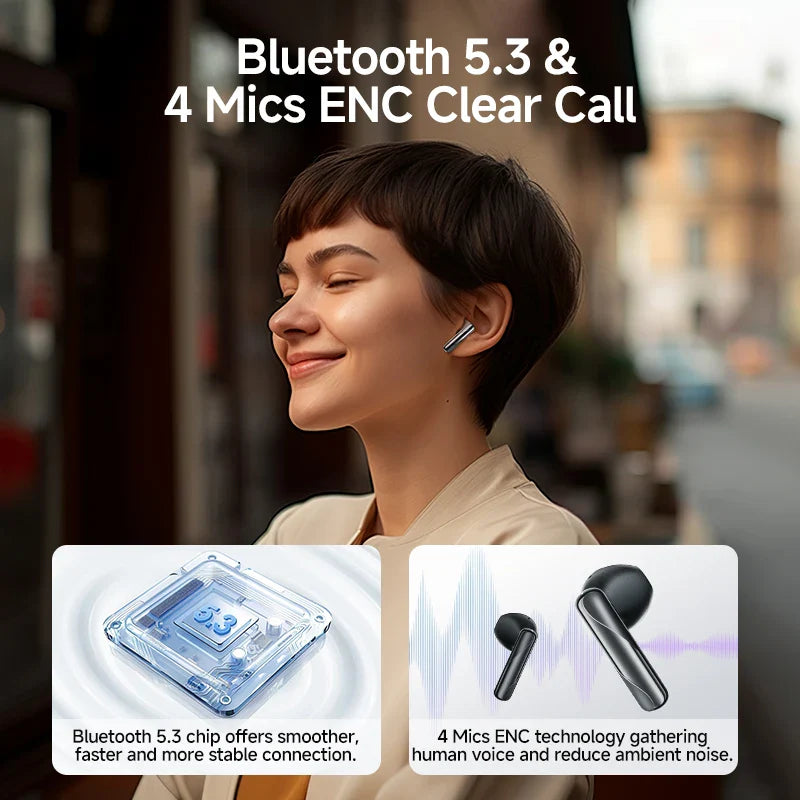 Wireless earbuds with Bluetooth 5.3 and ENC.