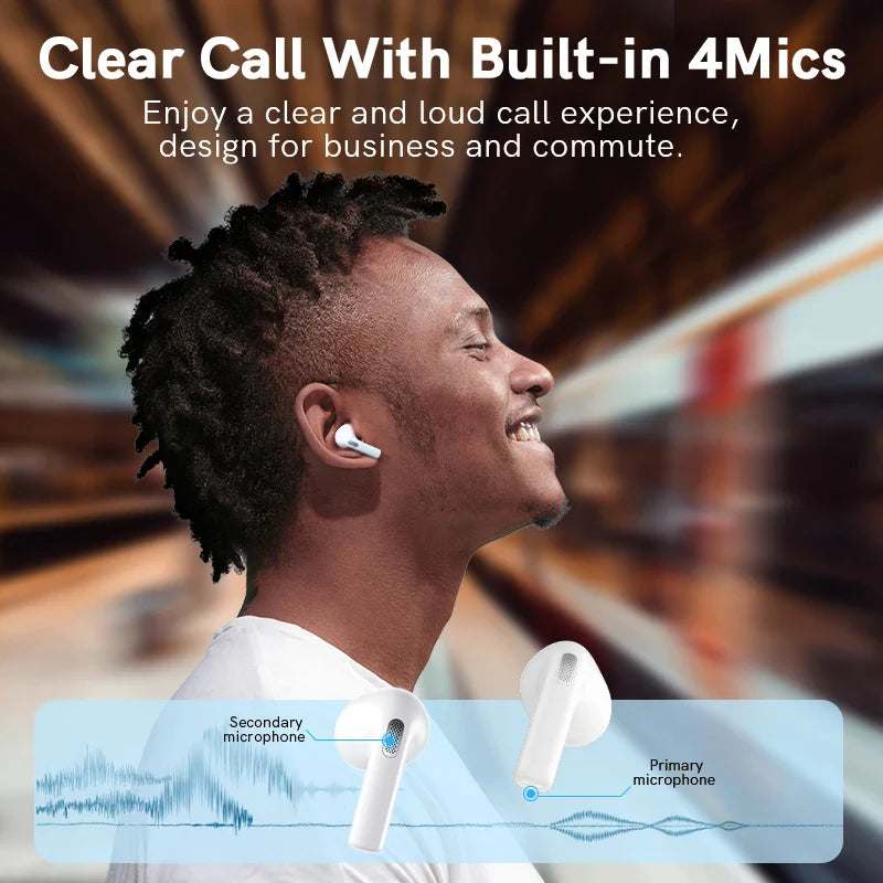 Wireless earbuds with built-in microphones.