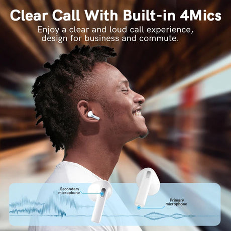 Wireless earbuds with built-in microphones.