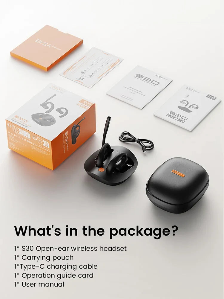 Wireless earbuds with a charging case and accessories.