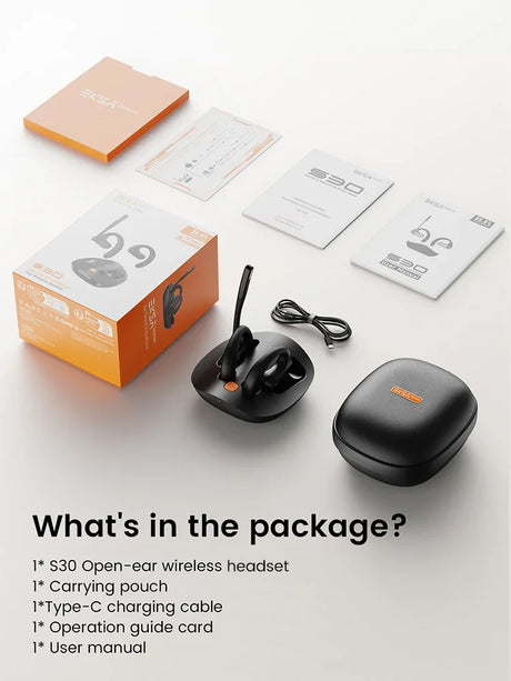 Wireless earbuds with a charging case and accessories.