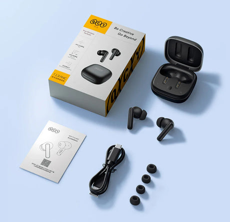 Wireless earbuds with charging case and accessories.