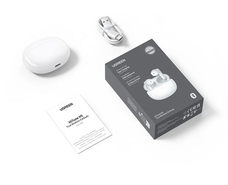 Wireless earbuds with charging case and accessories.