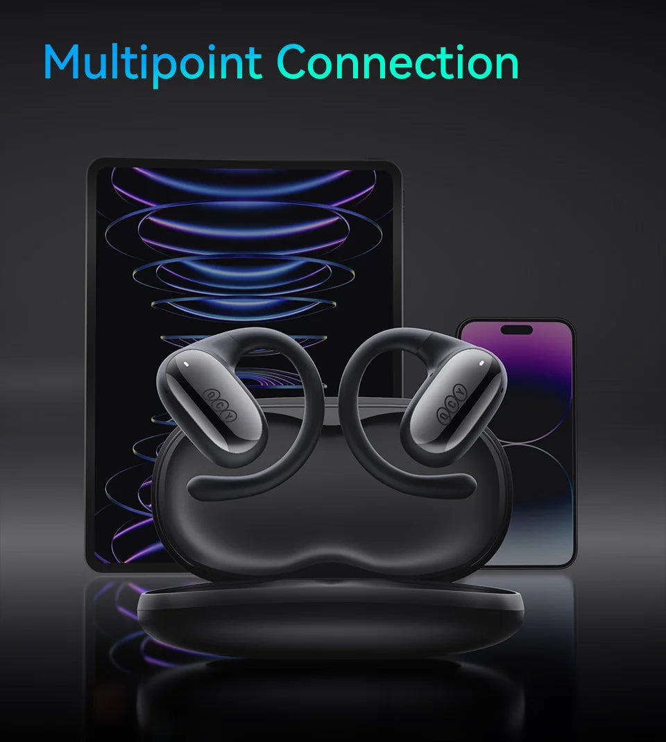 Wireless earbuds in a charging case with blue connection waves above.