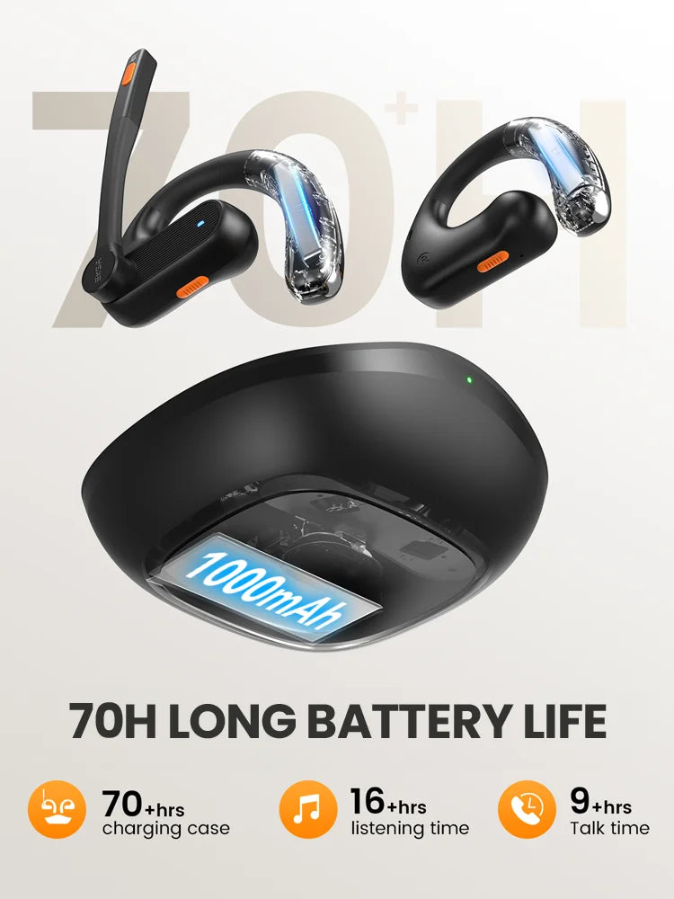 Wireless earbuds with a charging case featuring a digital display.