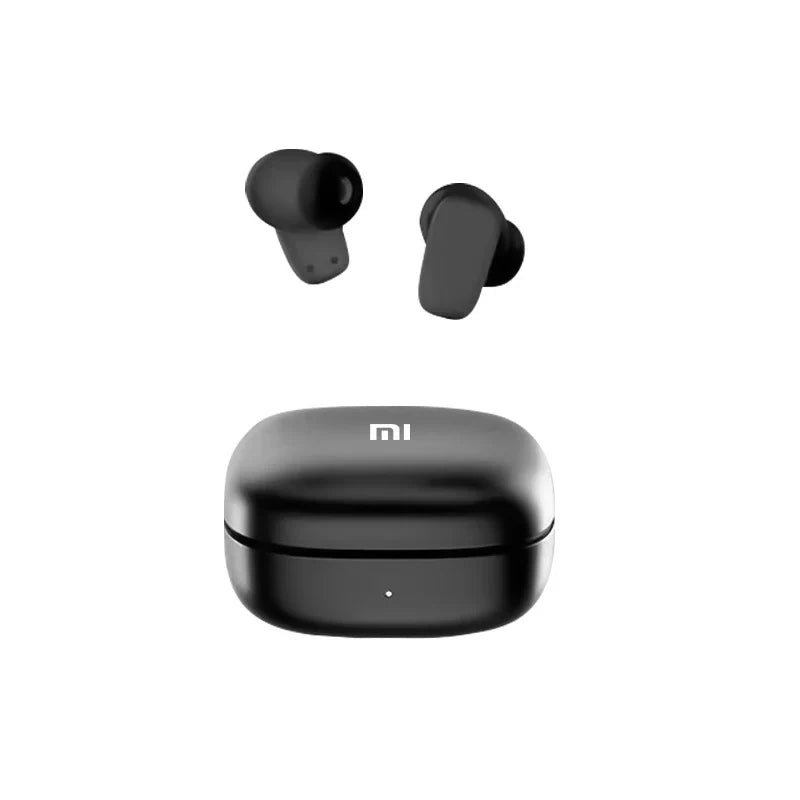 Wireless earbuds with a charging case bearing the ’mi’ logo.