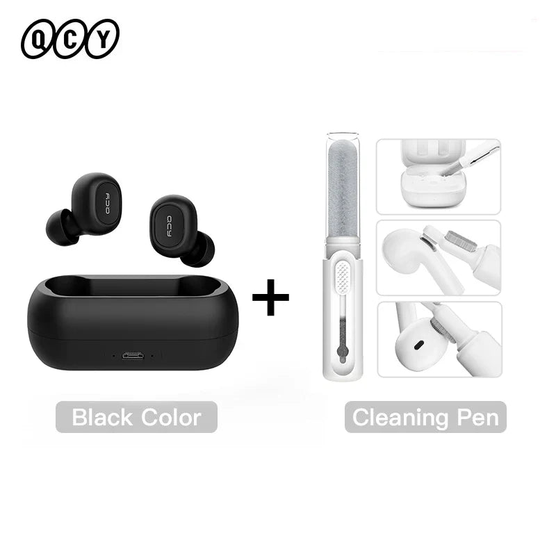 Wireless earbuds with charging case and cleaning pen.