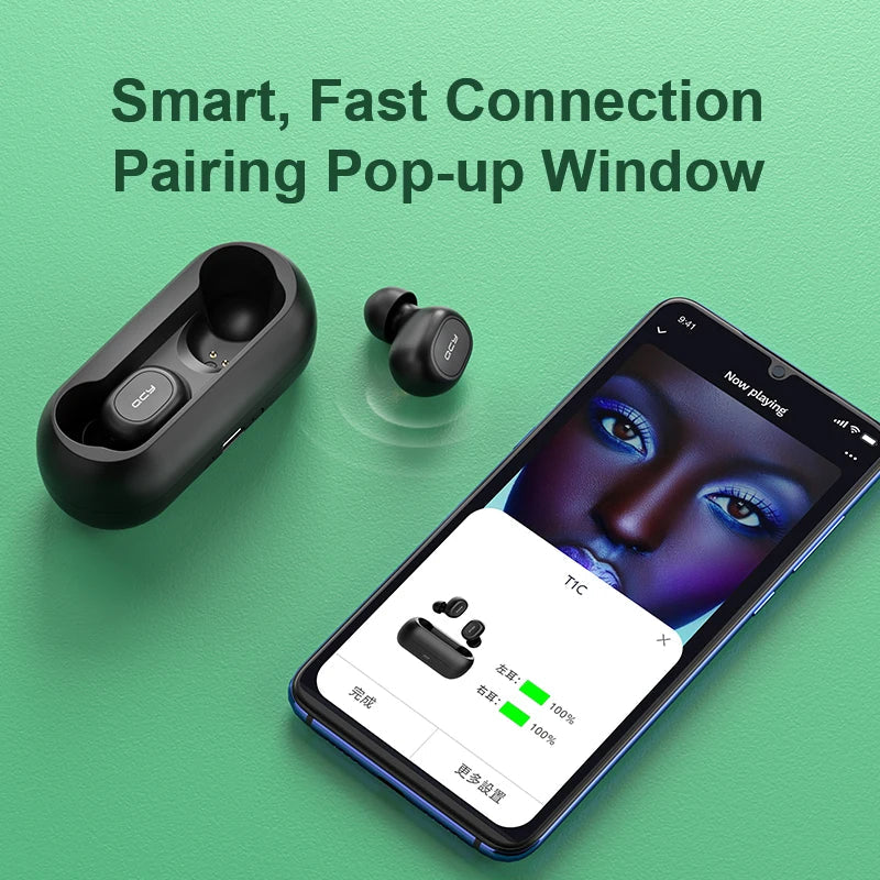 Wireless earbuds with charging case and pairing pop-up window.
