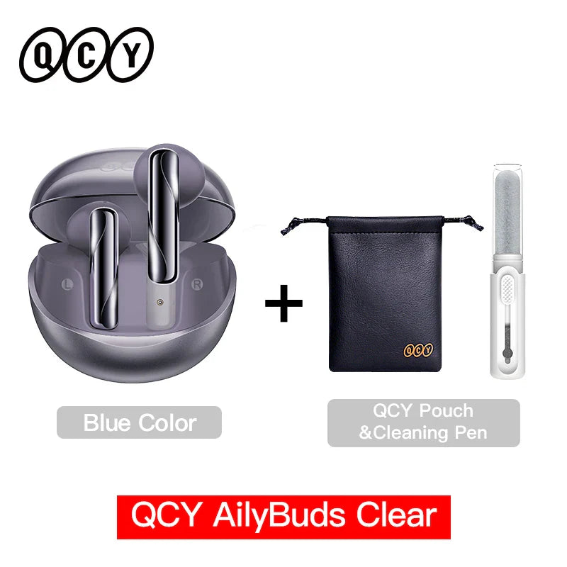 Wireless earbuds with charging case, pouch, and cleaning pen.