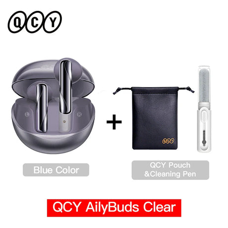 Wireless earbuds with charging case, pouch, and cleaning pen.