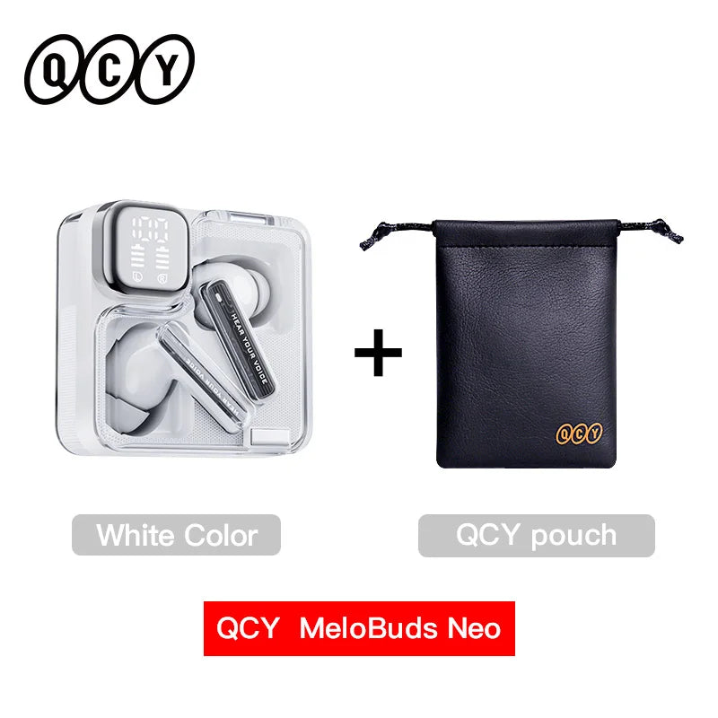 Wireless earbuds with charging case and pouch.
