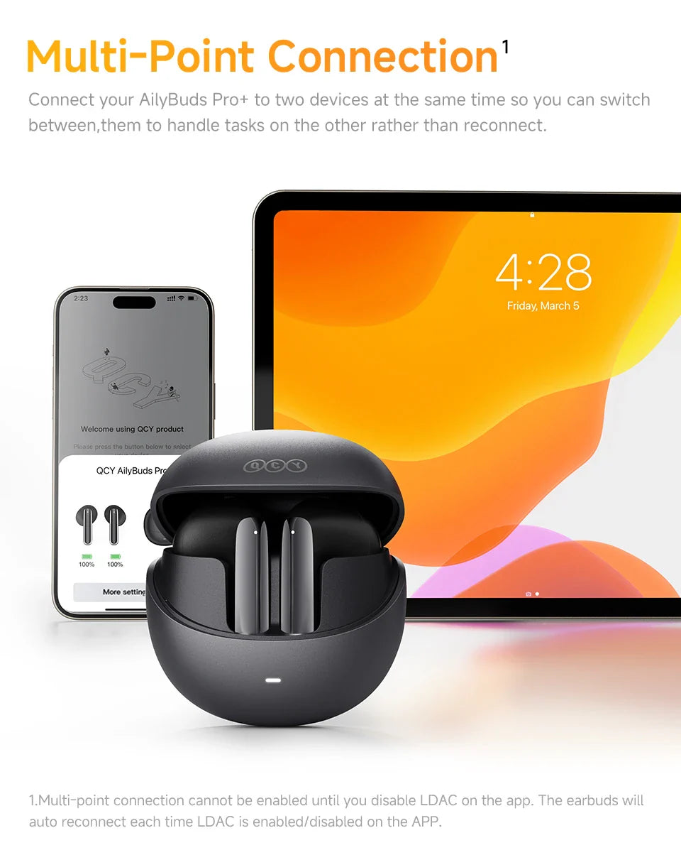 Wireless earbuds in charging case.