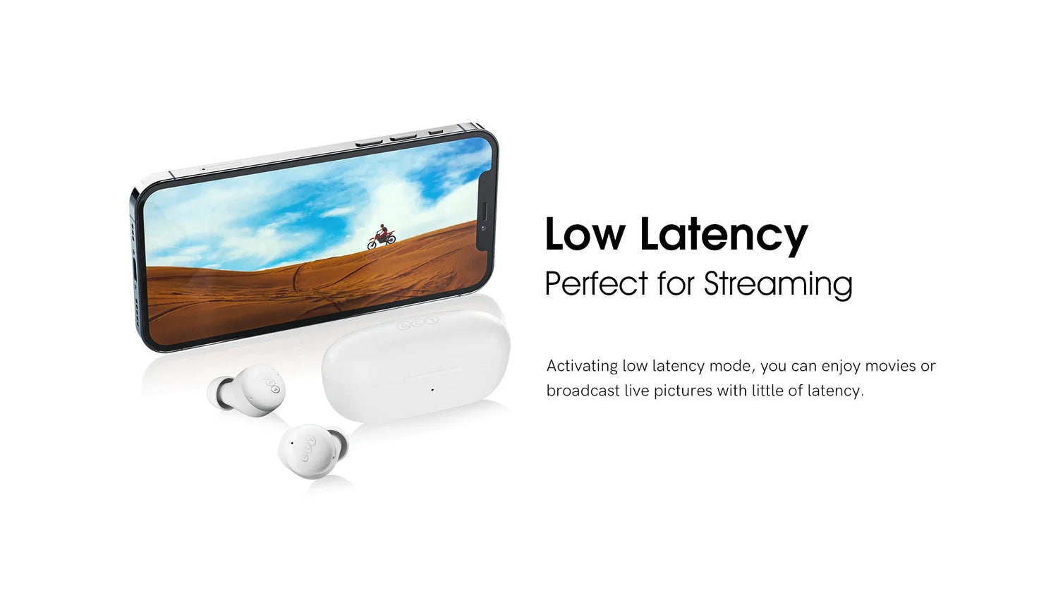 Wireless earbuds with charging case and smartphone.