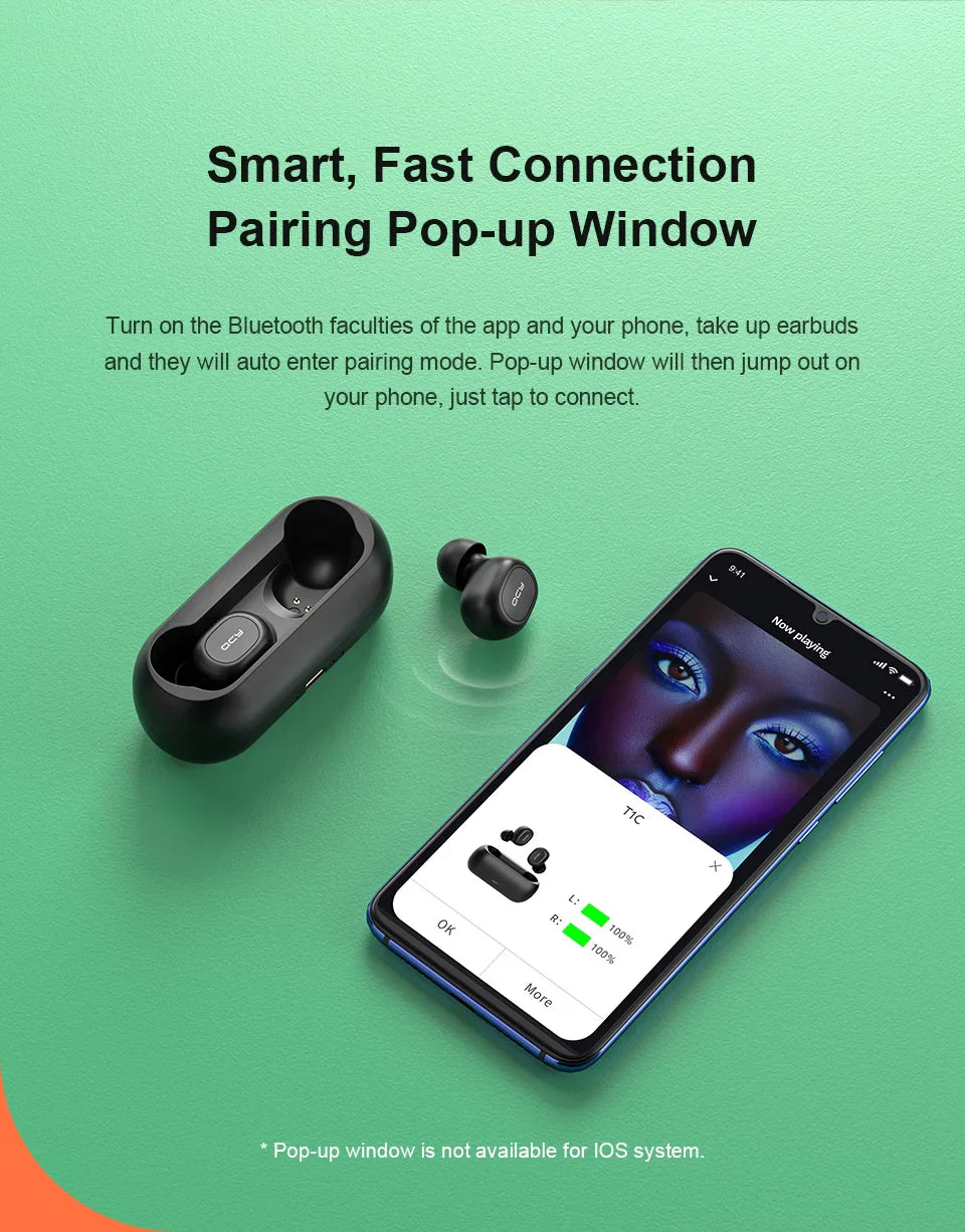 Wireless earbuds with charging case and smartphone.