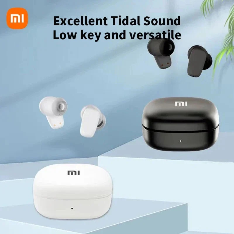 Wireless earbuds with charging cases in black and white colors.