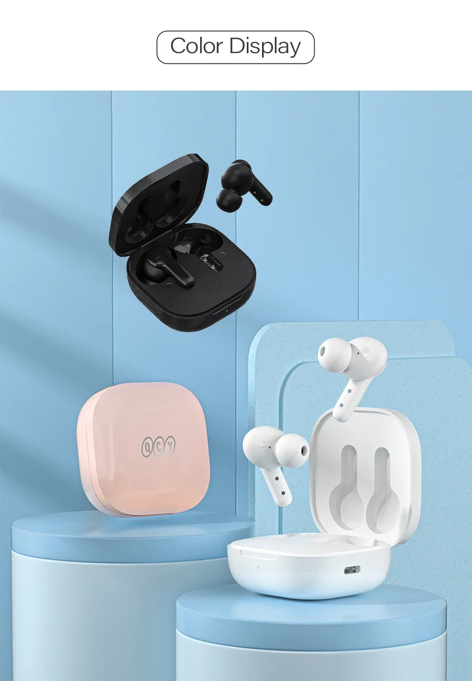Wireless earbuds with charging cases.