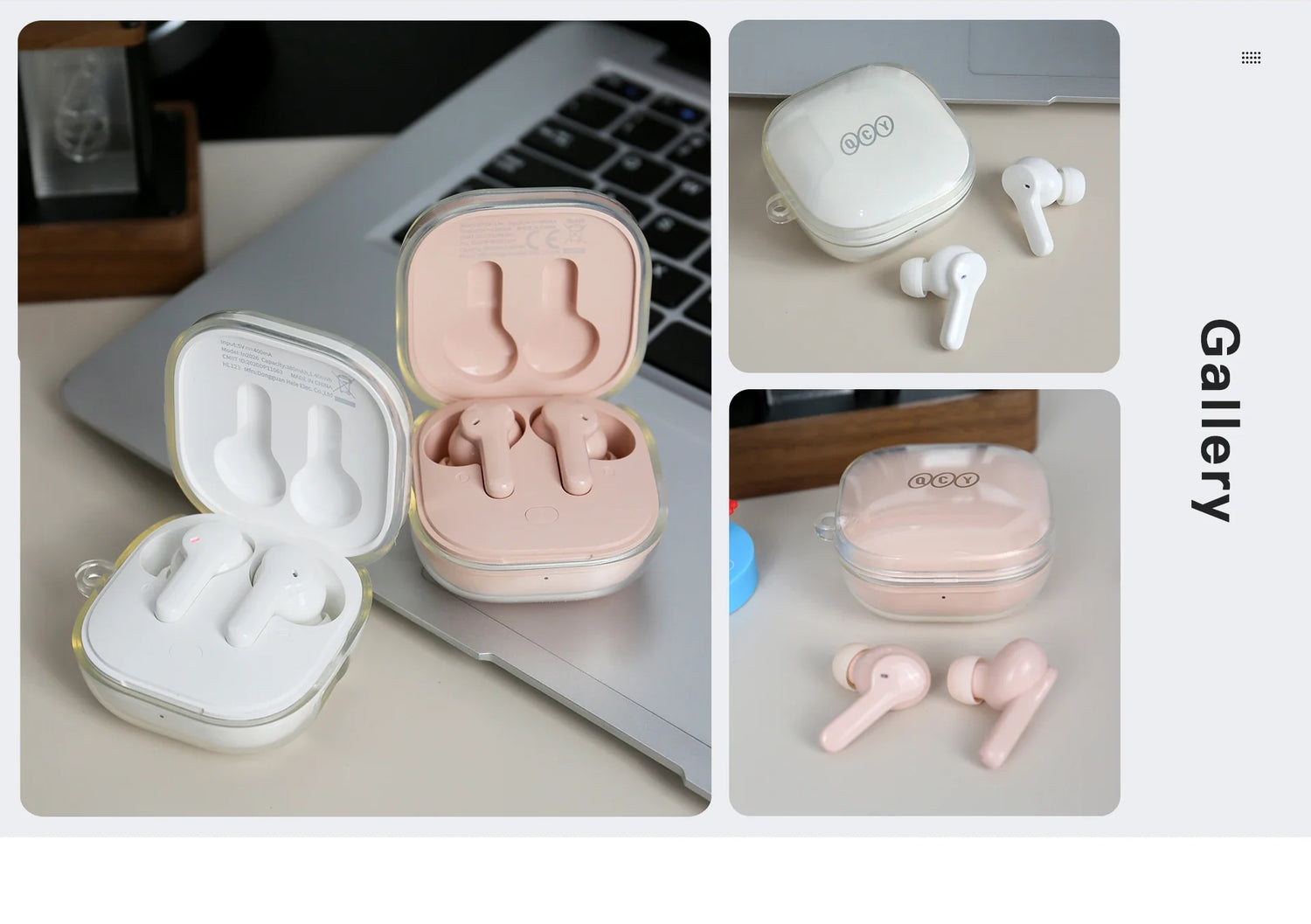 Wireless earbuds with charging cases.