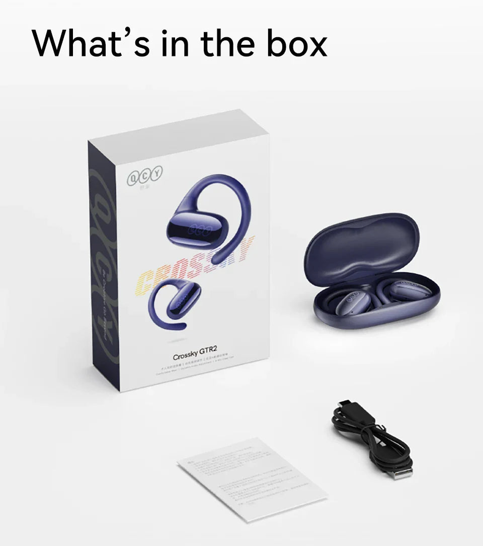 Wireless earbuds with a curved, hook-like design and their charging case.
