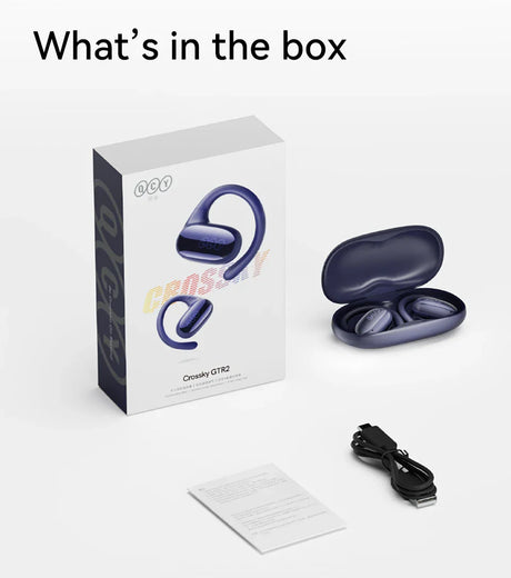 Wireless earbuds with a curved, hook-like design and their charging case.