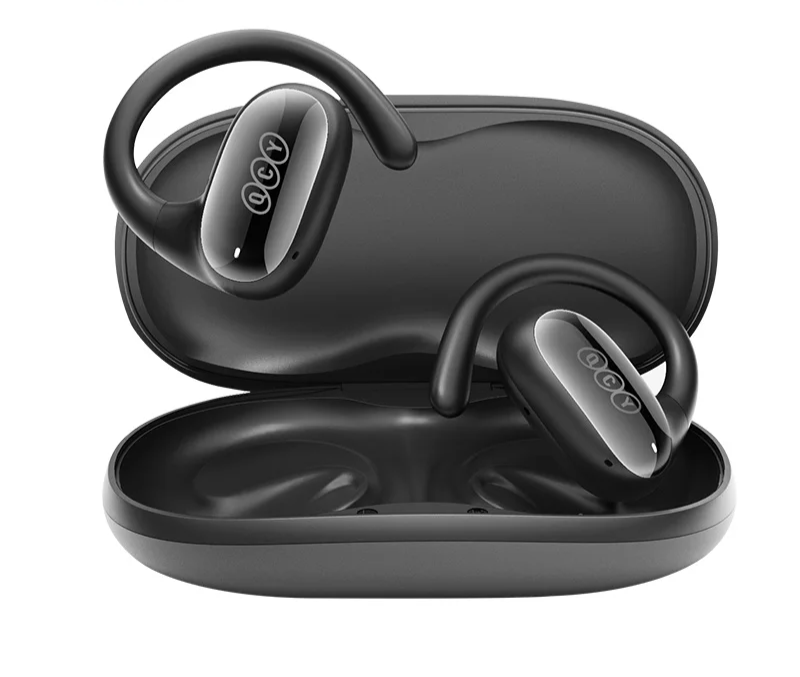 Wireless earbuds with ear hooks in a charging case.