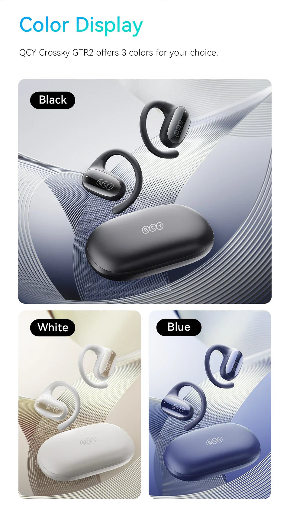 Wireless earbuds with ear hooks displayed in three color options: black, white, and blue.