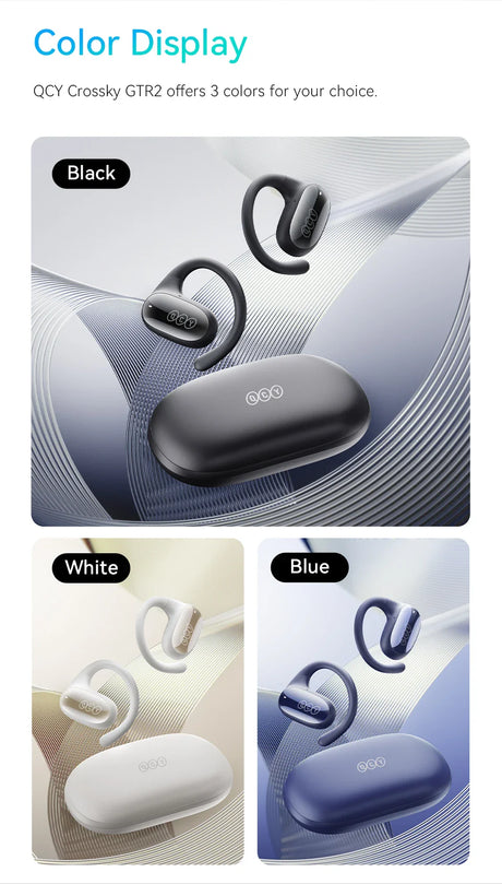 Wireless earbuds with ear hooks displayed in three color options: black, white, and blue.