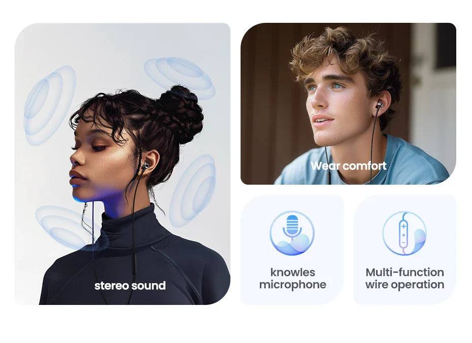 Wireless earbuds or headphones with various features highlighted.