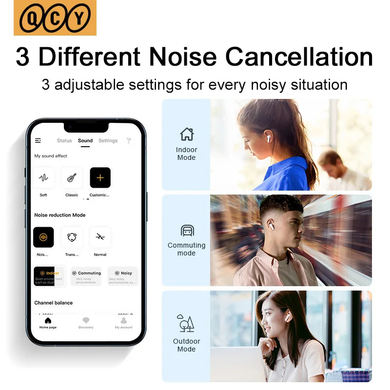 Wireless earbuds with noise cancellation settings.