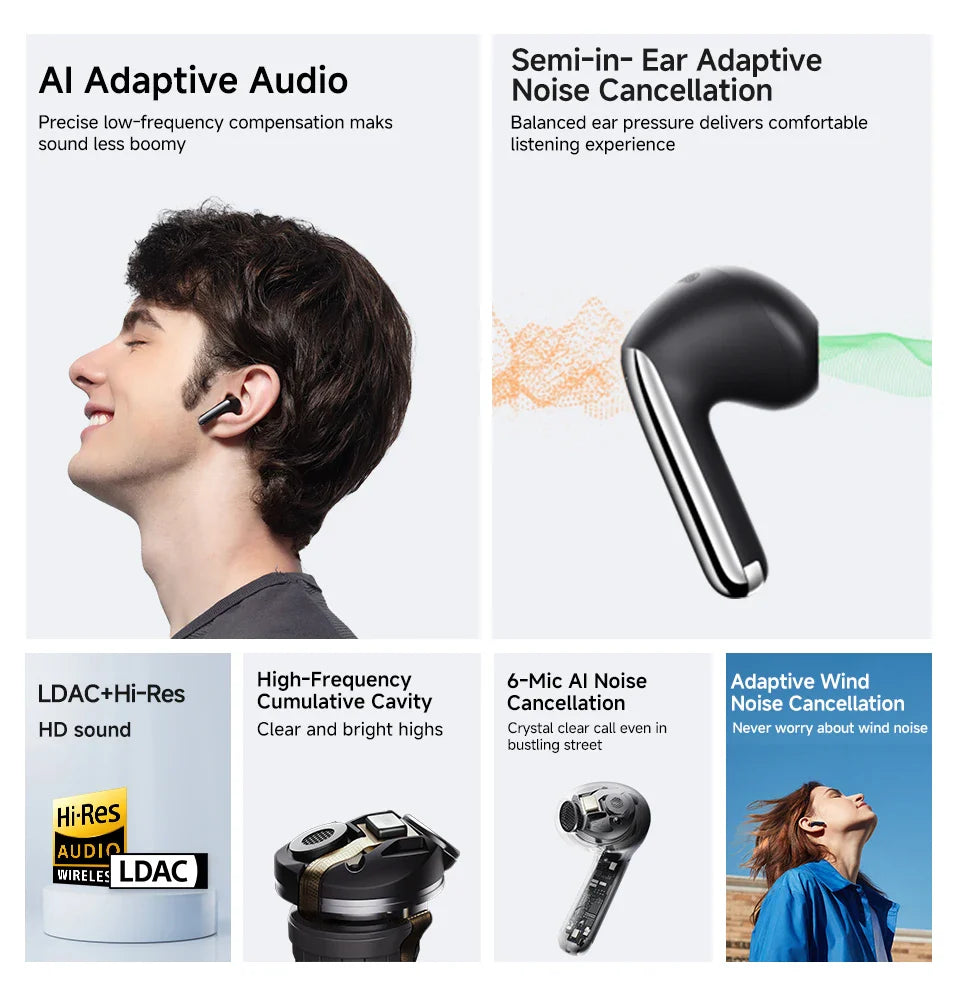 Wireless earbuds with noise cancellation features.