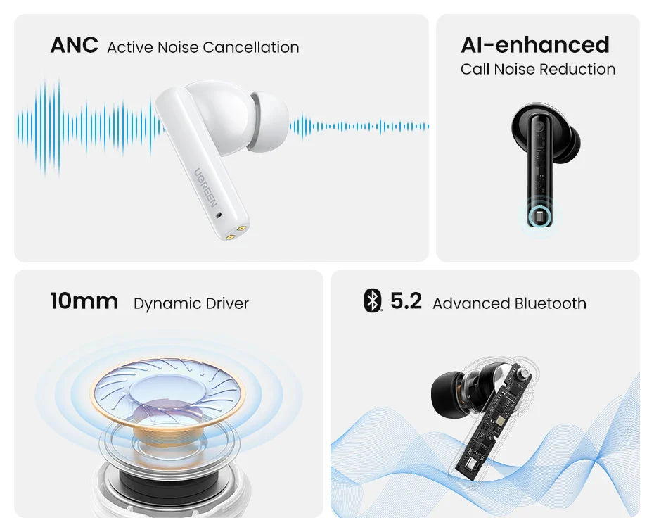 Wireless earbuds with noise cancellation and Bluetooth.