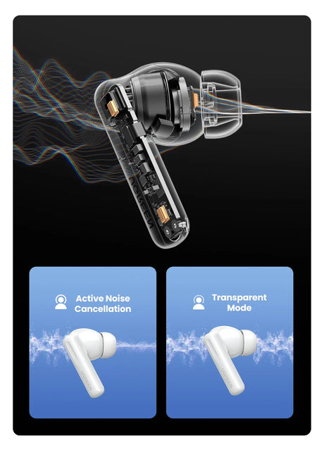 Wireless earbuds with noise cancellation and transparent mode.