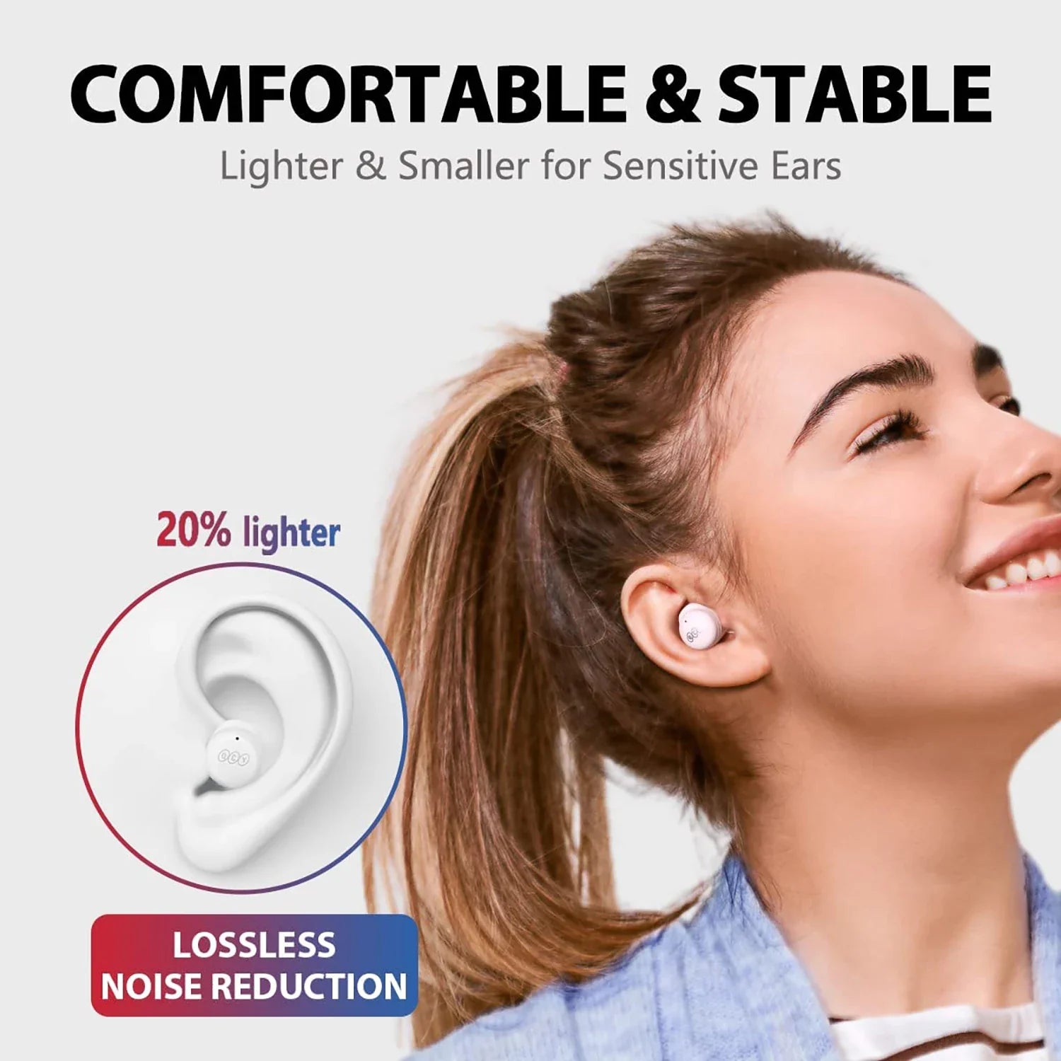 Wireless earbuds with noise reduction.