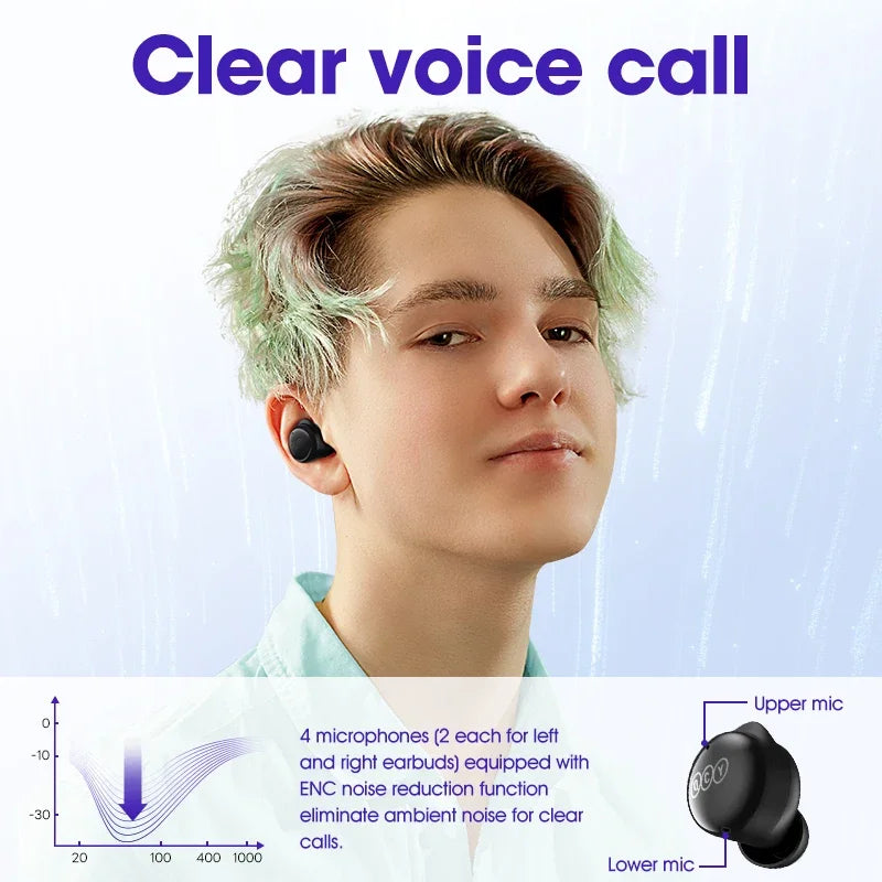Wireless earbuds with noise reduction.