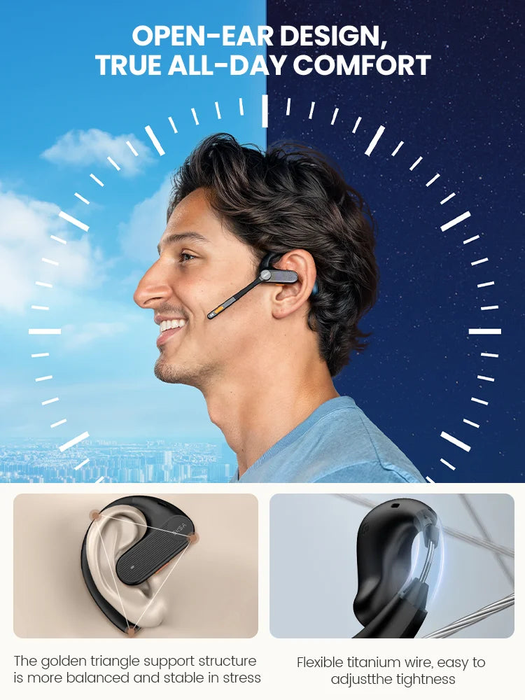 Wireless earbuds with an open-ear design and flexible support structure.
