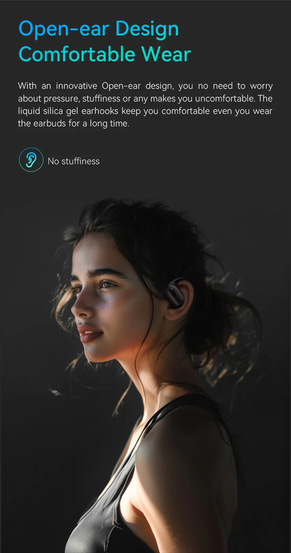 Wireless earbuds with an open-ear design for comfortable wear.