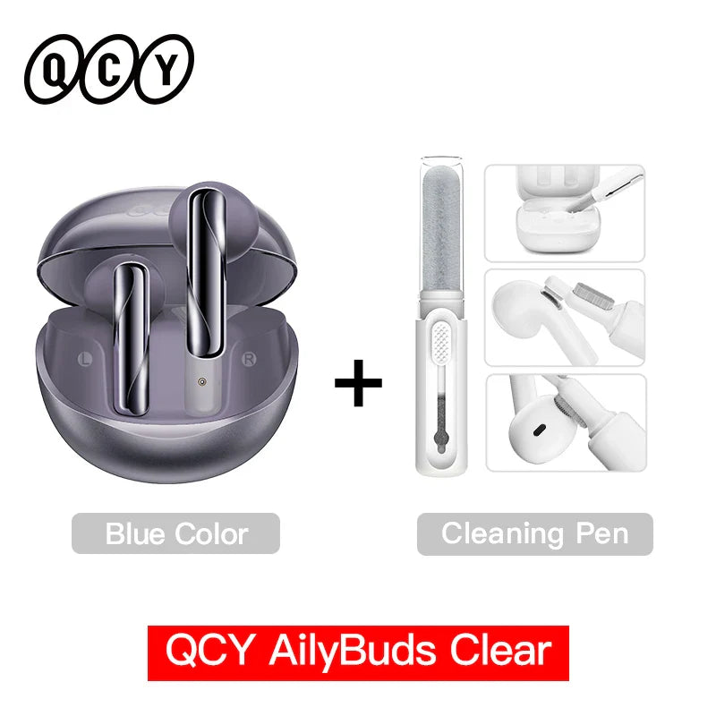Wireless earbuds with cleaning pen.