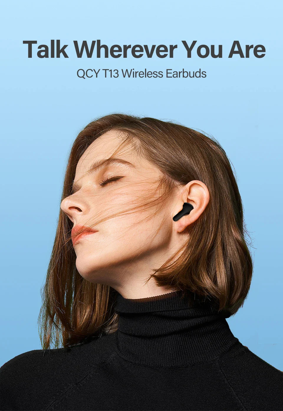 Wireless earbuds in use.