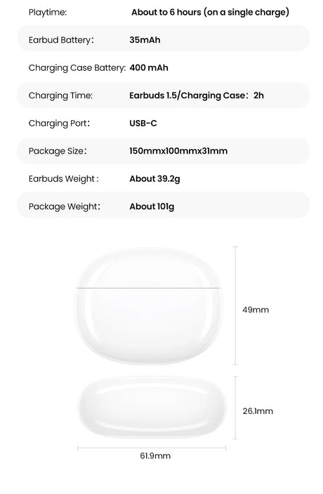 Wireless earbuds specifications and dimensions.