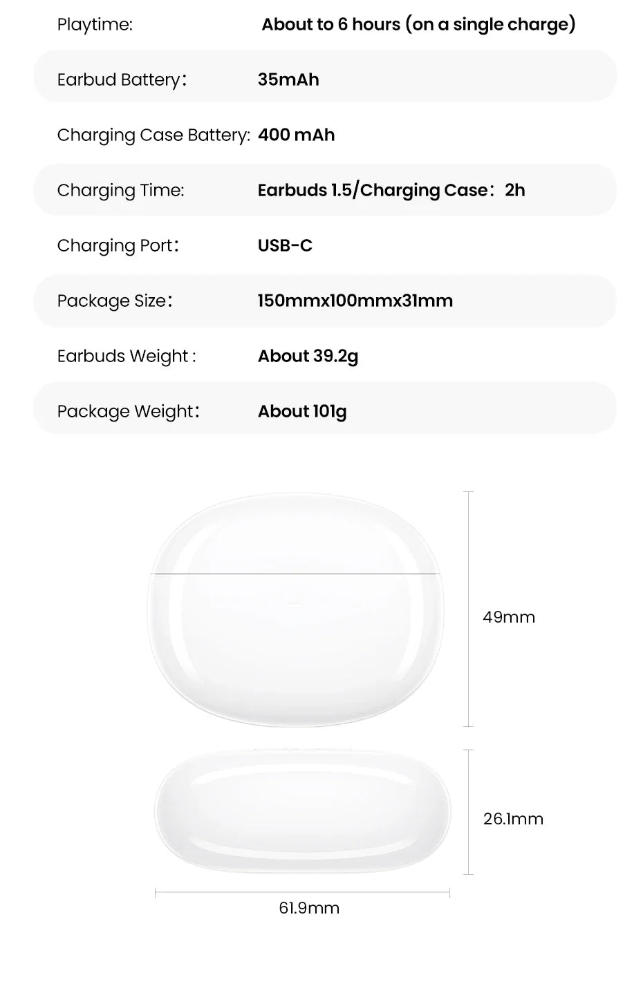 Wireless earbuds specifications and dimensions.