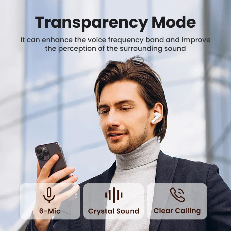 Wireless earbuds with transparency mode feature advertised on a promotional image.