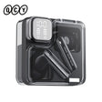 Wireless earbuds in a transparent charging case.