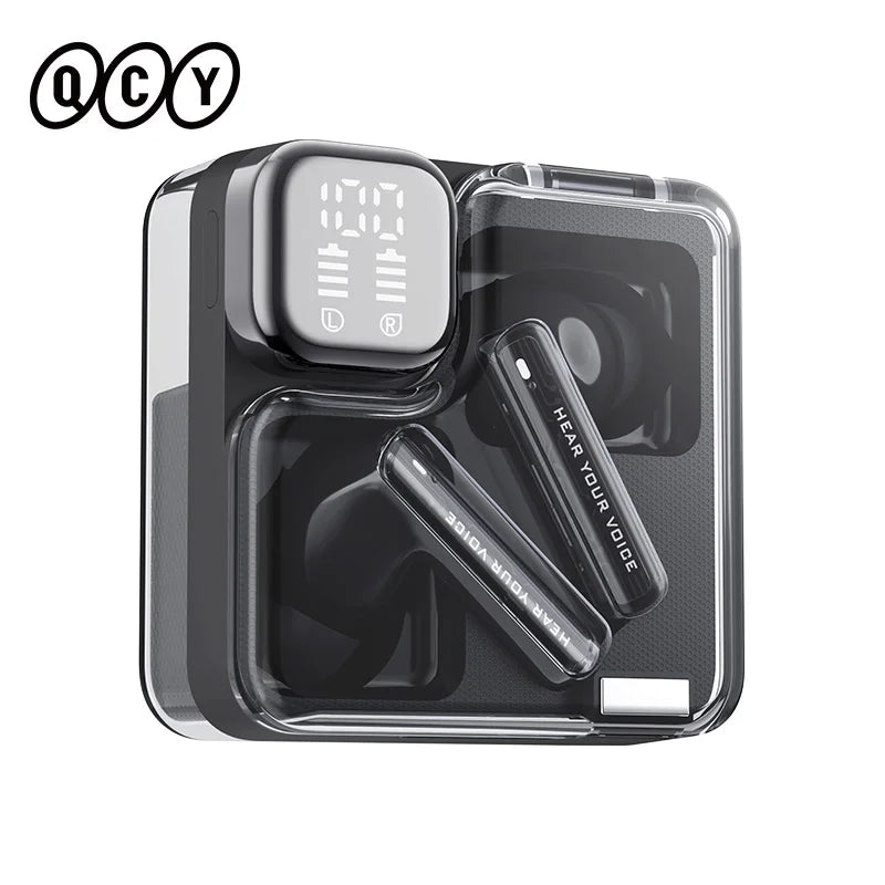 Wireless earbuds in a transparent charging case.