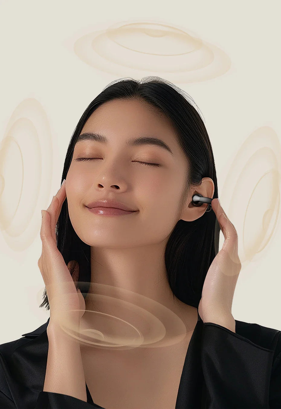 Wireless earbuds in use.