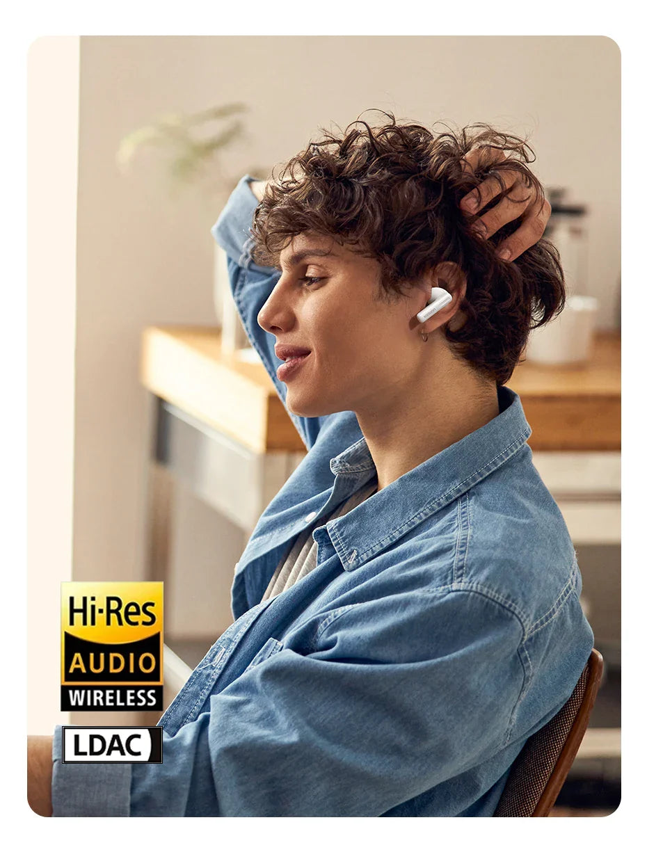 Wireless earbuds in use.
