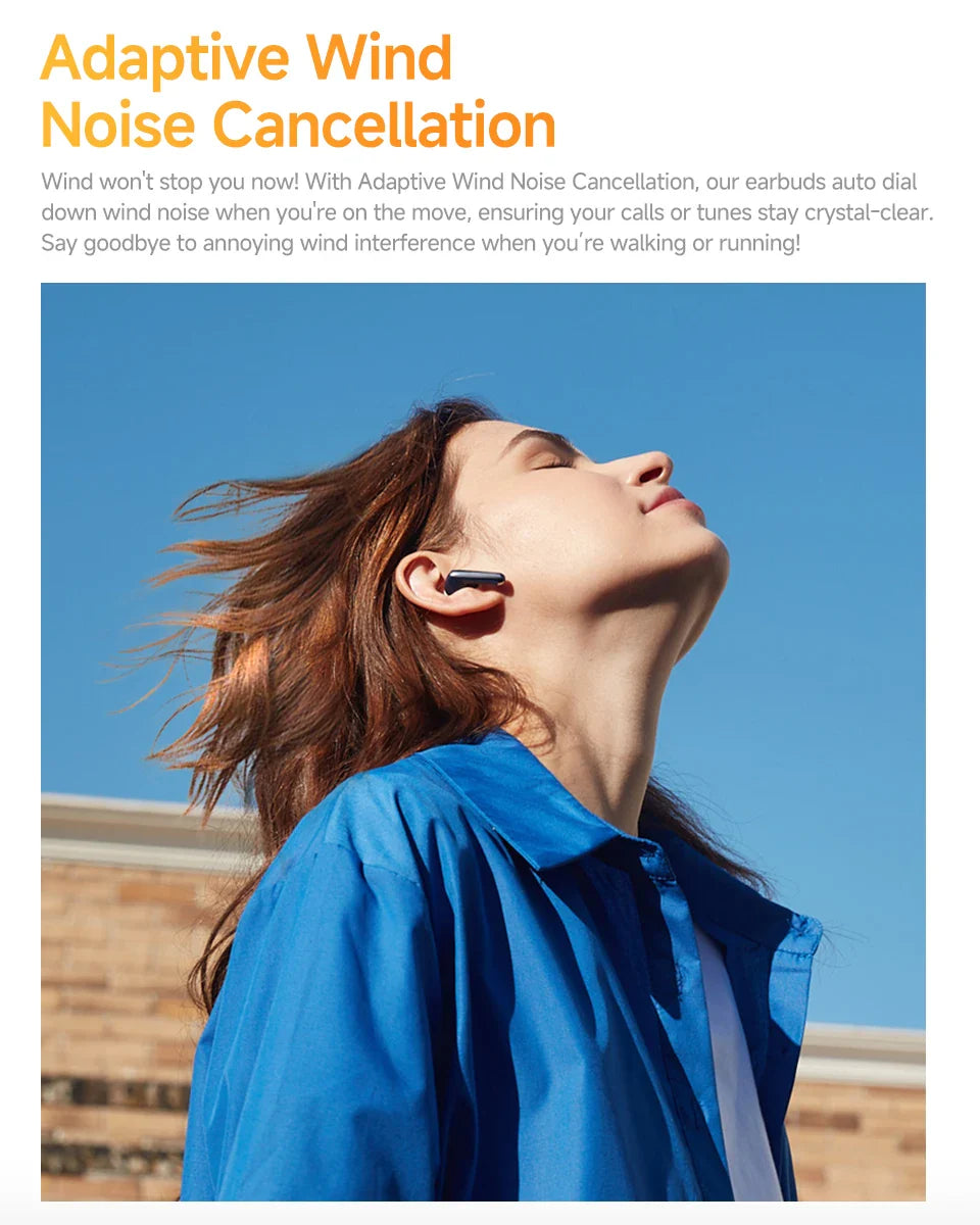 Wireless earbuds with wind noise cancellation.