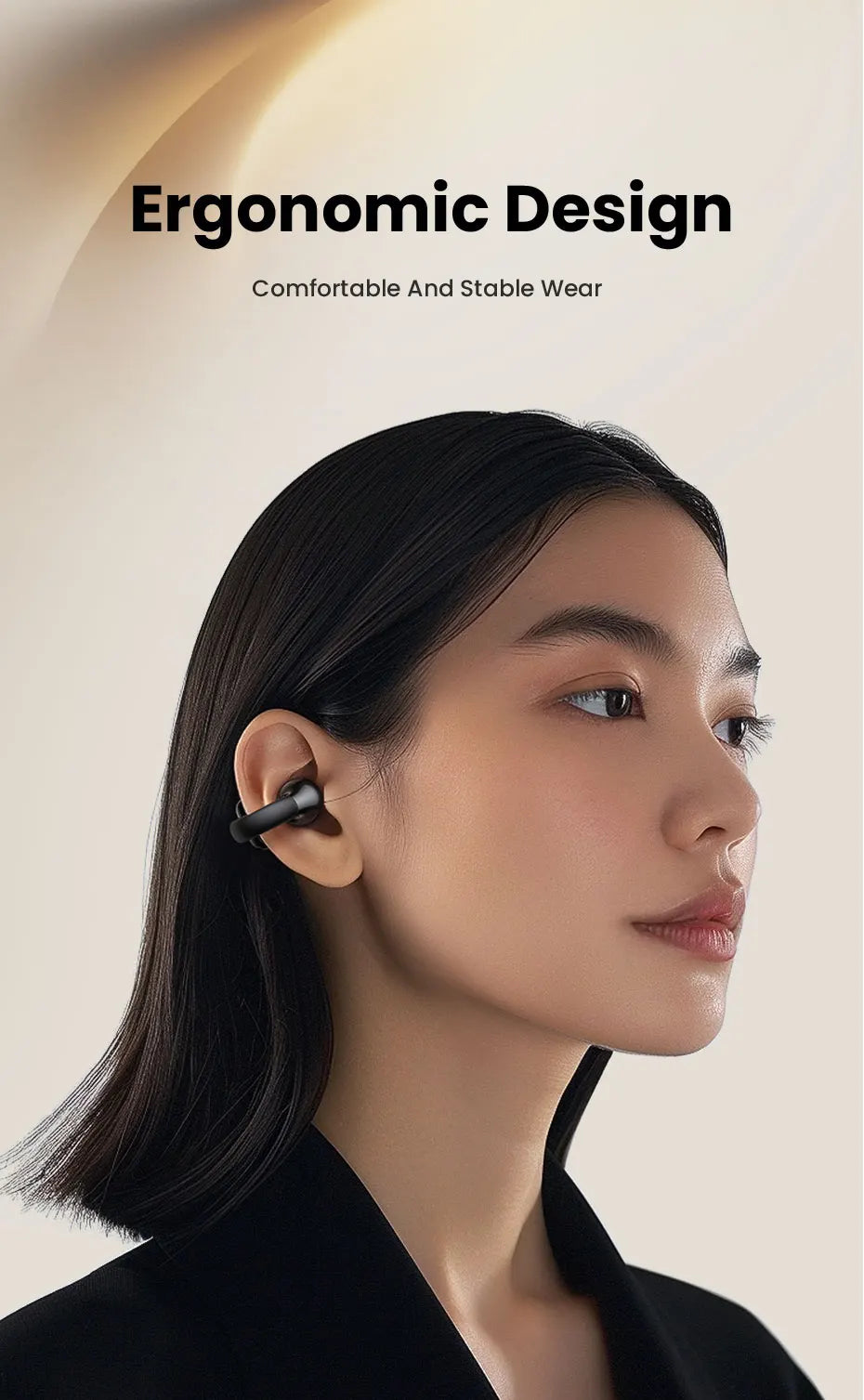 Wireless earbuds worn by a woman.